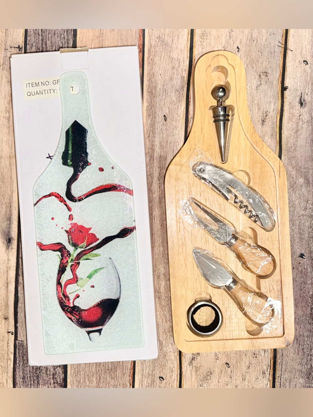 Wine & Cheese Glass Cutting Board Wood Box Gift Set- NEW